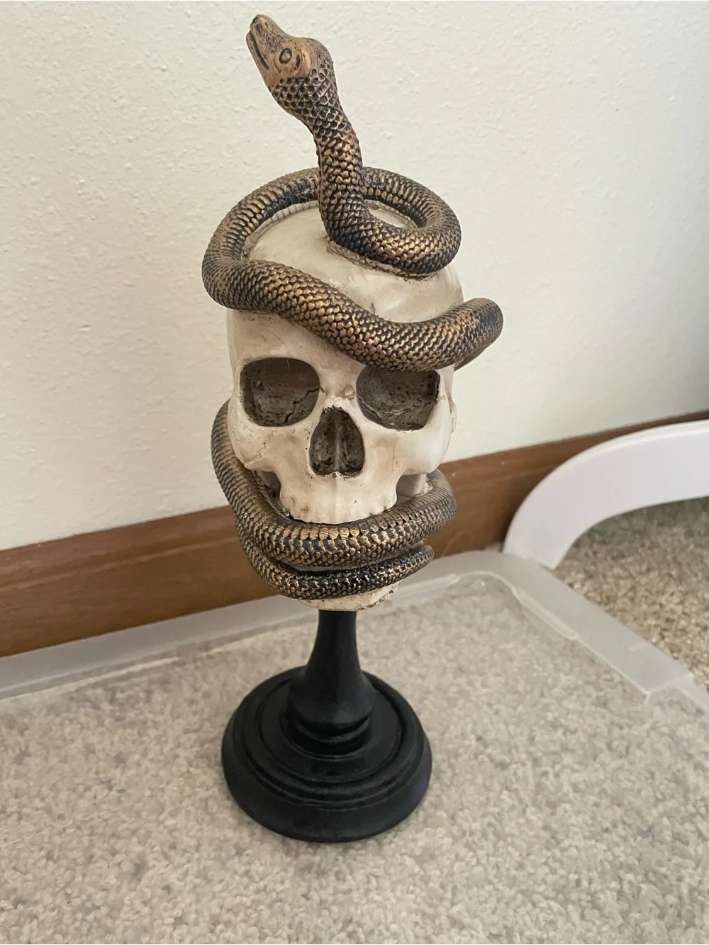 Gothic Skull and Snake Statue on Pedestal Base Halloween Decor